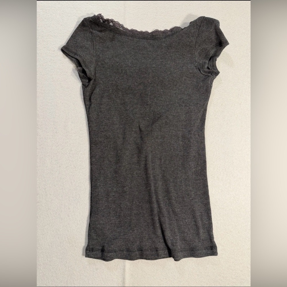 Y2K Style Women's Short Sleeve Henley Top in Black Soot w/Lace Trim - Picture 3 of 7